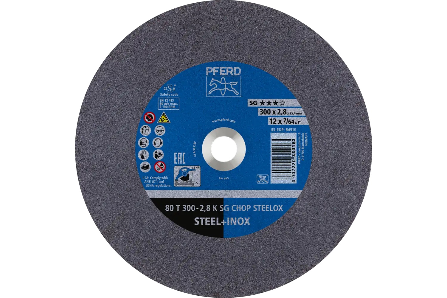 Picture of Pferd Large Diameter Cut-Off Wheel 12" X 7/64 X 1, Sg Chop Steelox, K, Aluminum Oxide